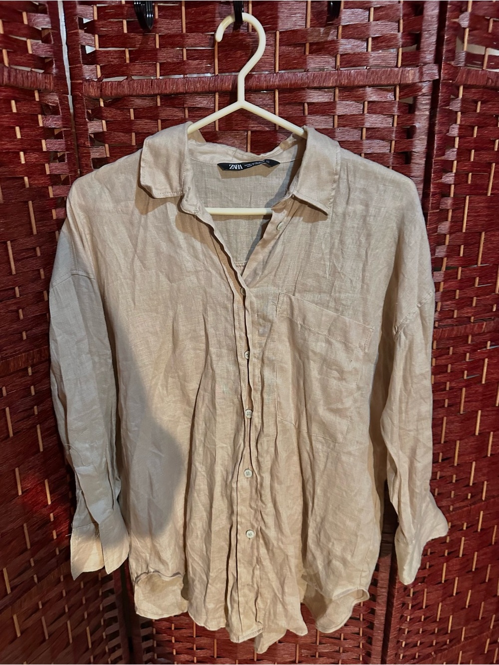 Zara Beige 100% Linen Button-Down Shirt